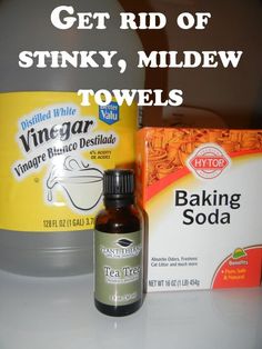 ingredients for baking soda sit on a counter with the words get rid of stinky, mildew towels