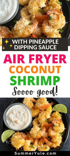 air fryer coconut shrimp with pineapple dipping sauce on the side and text overlay