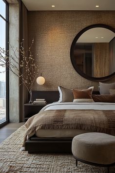 a bedroom with a large bed and round mirror on the wall