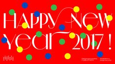 a happy new year card with balloons and confetti on it, in white lettering