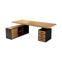 an office desk with two drawers on each side