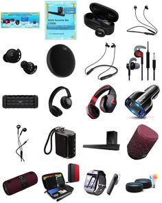 there are many different items that can be found in this image, including headphones and earbuds