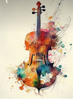 a watercolor painting of a violin with splashes on the back and front side