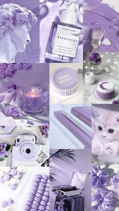 purple and white collage with various items in the background, including candles, flowers, and other things