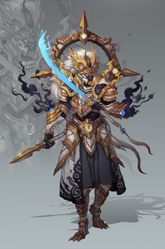 an animated character holding two swords in their hands and wearing armor with horns on it