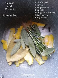 the ingredients to make lemon sage tea are shown in a blue bowl with leaves and spices