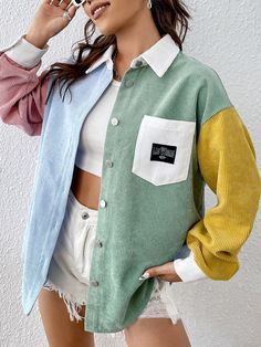 Multicolor Casual Collar Long Sleeve Woven Fabric Colorblock,Letter Shacket Embellished Non-Stretch Spring/Fall Women Clothing Vetements Shoes, Corduroy Coat, Casual Street Style, Dream Clothes, Outfits Casuales, Casual Jacket, Outerwear Women