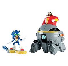 sonic the hedgehog and person action figures are shown in two different poses, one is on a skateboard