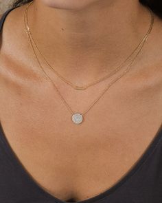 Love luxe layers? This dainty, feminine necklace will become your new fave! It features a smooth bar and a CZ-studded disk. Available in gold and silver tones and adjustable for a perfect fit. Materials: 14K gold or rhodium plated brass, cubic zirconia Features: Measures 16-18" with 2" extender, 0.4X0.1" & 0.45" pendants, Lead & Nickel free, lobster clasp Dainty Chain Necklace, Feminine Necklace, Solid Gold Bracelet, Wedding Necklaces, Necklaces Silver, Layered Necklaces Silver, Dainty Chain, Statement Drop Earrings, Mens Accessories Jewelry