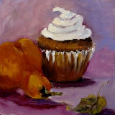 an oil painting of a cupcake and pears on a purple surface with leaves