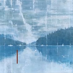 an abstract painting with blue and white colors on the water's surface, trees in the background