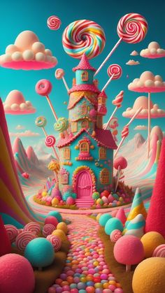 an image of a colorful candy land scene with lollipops and clouds in the sky