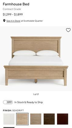 a bed with white sheets and pillows on it, in the middle of an ad for furniture