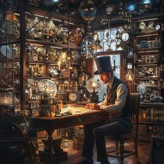 a man sitting at a desk surrounded by clocks