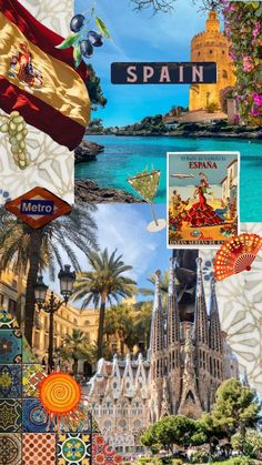 the collage has many different pictures and words on it, including an image of barcelona