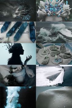 the collage shows many different images with blue and white colors, including an ocean theme