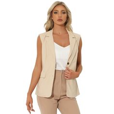 This sleeveless blazer in a solid color features button-up design, flap pockets and a notch lapel collar. Suitable for spring/fall and many occasions, such as interviewing, working, career, office, formal, business, church, daily wear. Pair this casual blazer with skinny jeans, skirts, leggings, pants, sandals, heels, boots and necklace for a chic and decent look. Office Suit, Blazer Casual, Sleeveless Blazer, Business Casual Work, Jacket Beige, Vest Blazer, Linen Suit, Formal Business, Heels Boots