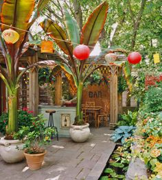 an outdoor garden with potted plants and lanterns hanging from the trees in front of it