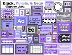 a purple and black collage with lots of different things on it, including letters