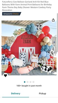 an image of balloons and farm animals in front of a red barn with the words, balloon