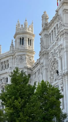 a large white building with a clock on it's face and trees in the foreground