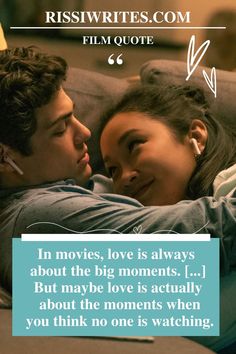 a man and woman laying on top of a couch next to each other with the caption saying, in movies, love is always about the big moments i