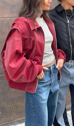 Jackets For Fall 2023, Fall 23 Jackets, Retro Jackets For Women, Fall Outfits 23, How To Style A Red Jacket, Colorful Jackets For Women, Winter Jacket Inspiration, Red 2023 Fashion, Fall 2023 Fashion Outfits