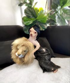 a small doll sitting on top of a stuffed lion next to a fake lion head