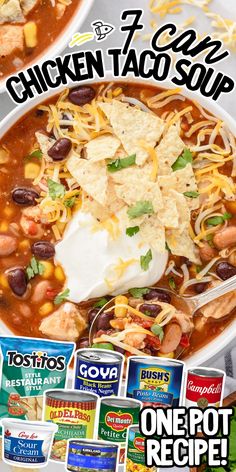 a bowl of chicken taco soup with tortilla chips and sour cream on the side