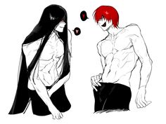 two anime characters one with red hair and the other without his shirt, standing next to each other