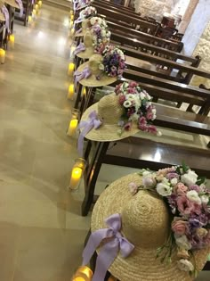 rows of chairs with hats and flowers on them