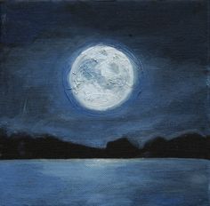 a painting of a full moon over the ocean with dark blue sky and water in the foreground