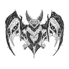 two bats with long horns and large eyes are drawn in black ink on a white background