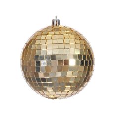 a golden disco ball ornament on a white background