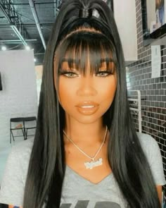 Chinese Bangs Black Women, Up And Down Hairstyles Weave, Cute Frontal Hairstyles, Up Down Hairstyles Weave, Black Women Hairstyles Weave, Black Weave Hairstyles, Bang Ponytail, Hairstyles With Weave, Black Girls Hairstyles Weave