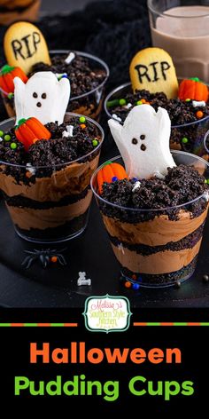 halloween pudding cups with marshmallows in them