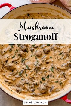 mushroom stroganoni in a red skillet with text overlay that reads, mushrooms stroganonoff