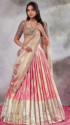 maggam work blouse designs Half Hands Blouse Designs, Langa Voni Half Saree, Silk Half Saree, South Indian Bride Saree, Work Blouse Designs, Langa Voni, Simple Lehenga, Maggam Work Blouse, Half Saree Designs