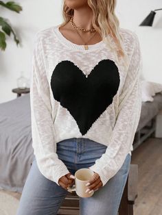 Plus Heart Pattern Drop Shoulder Sweater Multicolor Casual  Long Sleeve Knitwear Colorblock,Geometric,Heart Pullovers Slight Stretch  Women Plus Clothing, size features are:Bust: ,Length: ,Sleeve Length: Casual White Sweater With Heart Print, White Heart Print Sweater For Winter, Casual Heart-shaped Winter Sweater, Cute Heart-shaped Winter Sweater, Plus Size Heart Sweater, Loose Pullover Sweater, Plus Size Winter, Drop Shoulder Sweater, Geometric Heart