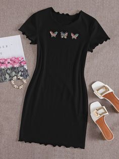 Black Casual  Short Sleeve Polyester Animal Bodycon Embellished Slight Stretch Summer Women Dresses Cute Bodycon Dresses, Casual Knit Dress, Ribbed Knit Bodycon Dress, Cute Dress Outfits, Spring Fashion Outfits, Fashionista Clothes, Causual Outfits, Shein Dresses, Spring Outfits Women