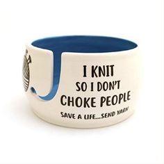 This handmade ceramic yarn bowl is a great gift for a knitter. Reads: "I knit so I don't choke people. Save a life..send yarn". Some warm and fuzzy anger management for the person who wields those sharp needles! Measures about 6.25" x 3.5" high. | Funny Quotes | Office Gifts | Funny Gift Ideas | Funny Gifts for Friends | Knitting Quotes | Knitting Bowl | Knitting Gift | As an Amazon Associate, I earn from qualifying purchases. Funny Crochet Gifts, Ceramic Yarn Bowl, Yarn Bowls, Crochet Bowl, Crochet Humor, Yarn Cake, Herb Pots, Earthenware Clay, Yarn Bowl