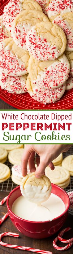 white chocolate dipped peppermint sugar cookies on a red plate