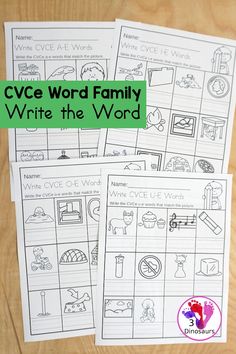 three cvce word family worksheets on a table