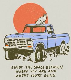 a drawing of a truck with a cat on the hood and an orange sun in the background