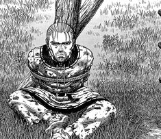 a drawing of a man sitting in the grass next to a wooden pole and looking at something