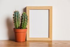 a small cactus next to a wooden frame on a table