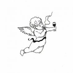 an angel with a glass of wine in it's hand is flying through the air