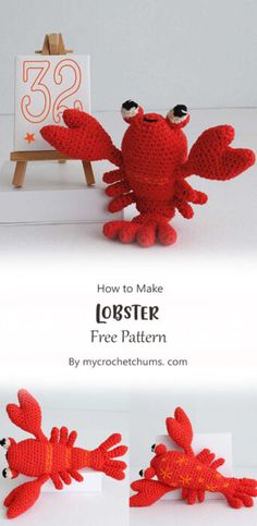 a crocheted lobster sitting next to an easel with the words lobster written on it