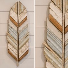 an old wooden arrow shaped mirror hanging on the wall next to another photo with wood strips