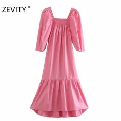 Brand Name: ZEVITYSilhouette: StraightOrigin: CN(Origin)Season: AutumnNeckline: Square CollarSleeve Style: Puff SleeveDecoration: RUFFLESStyle: High StreetDresses Length: Mid-CalfMaterial: COTTONAge: Ages 18-35 Years OldModel Number: DS4425Sleeve Length(cm): ShortGender: WOMENWaistline: Natural FactorsPattern Type: Solid Sundress Long, Pink Cotton Dress, Loose Midi Dress, Sun Dresses, Evening Dresses With Sleeves, Ladies Gown, Evening Outfits, Boho Maxi, Puffed Sleeves Dress